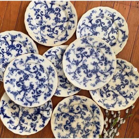 Antique Flow Blue Plate Ridgways England Royal Semi Porcelain Gainsborough x5 - Picture 2 of 10